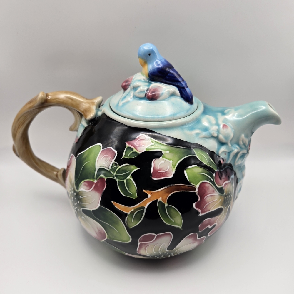 Artisan Ceramic Teapot with Blue Bird and Floral Design